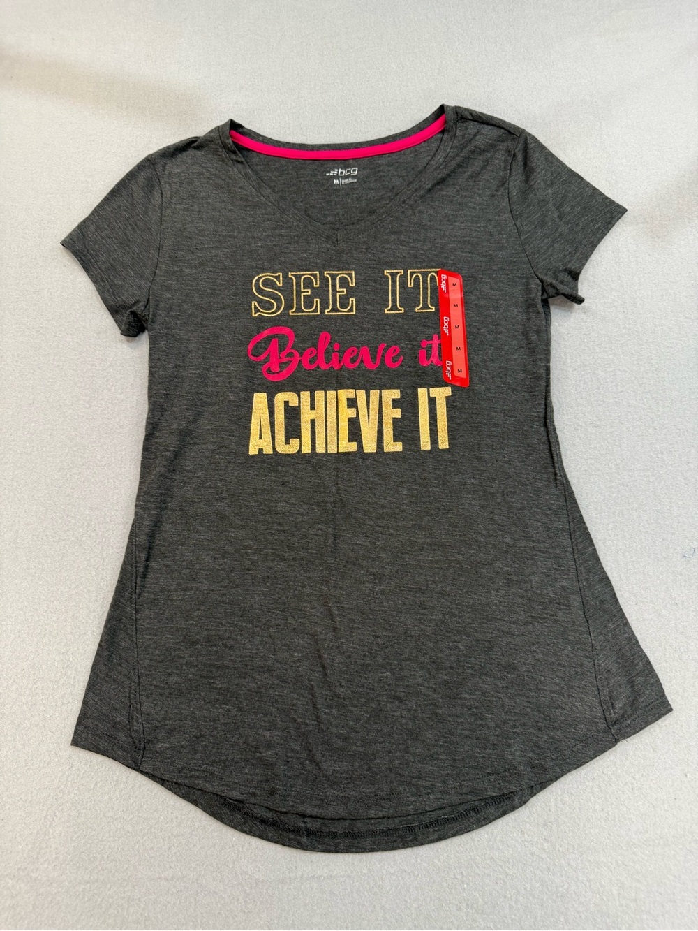 bcg Heather Charcoal Active Tee with Hot Pink Trim